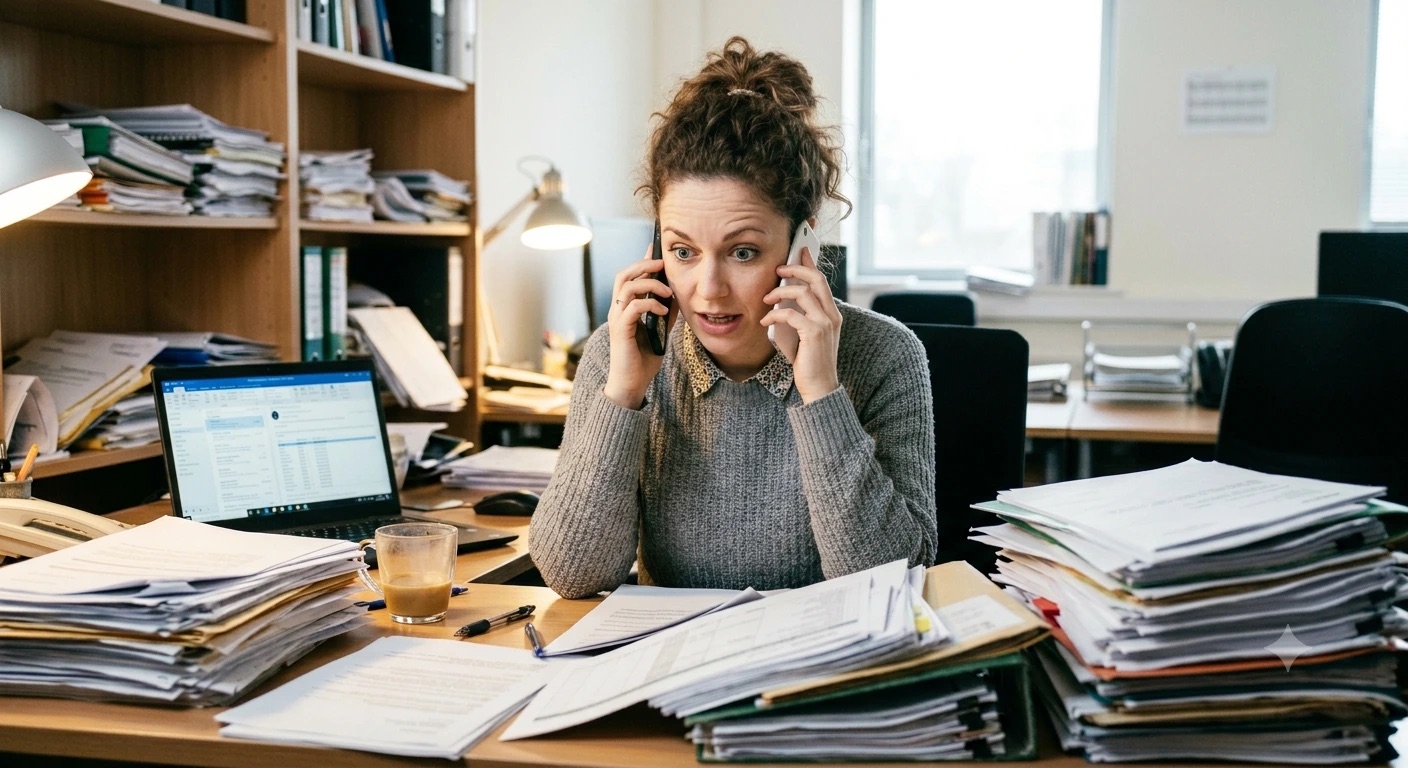 A professional buried in admin work
